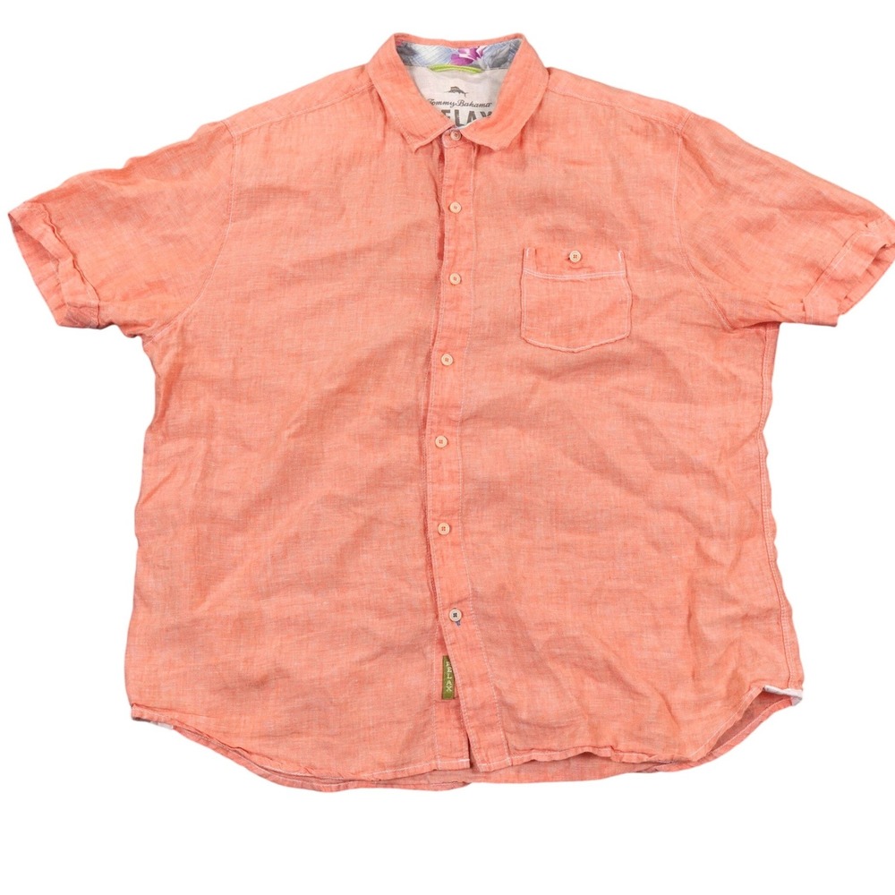 Tommy Bahama Relax Shirt Mens XL Coral Orange Linen Short Sleeve Button Up